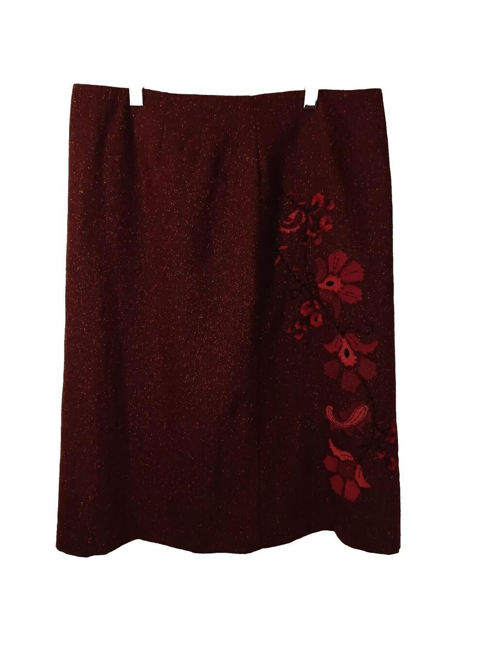 Bandolino Cranberry Western Embroidered Floral Pattern Silk/Rayon Skirt, NWT, 10 - Picture 2 of 6